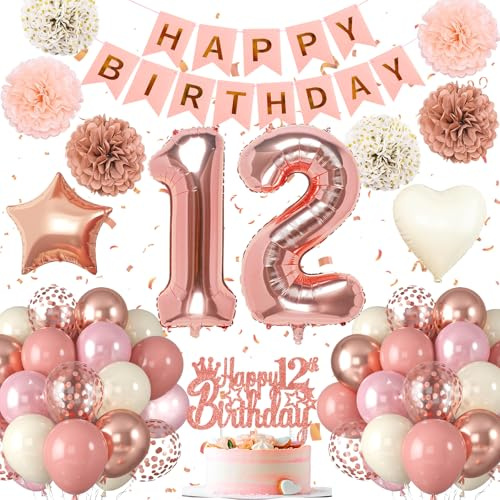 12.Geburtstag Dekoration,12. Geburtstag Deko für Mädchen,Luftballons 12.geburtstag Happy Birthday Girland Ballon 12 Deko zum Geburtstags, Rose Gold & Rosa,Geburtstagsdeko 12 Jahr