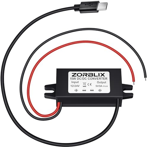 Zorblix DC-DC 8-32 V Convertidor de bajador, Convertidor de tensión 12/24V a 5V 3A, 15W Regulador de Voltaje Alta eficiencia, IP67, para Coche y Exterior (1 Interfaz Tipo C)