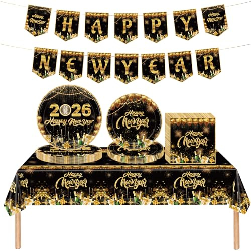 Silvester Deko 2027, 42 teilige Silvester Partygeschirr Set, Einwegteller, Servietten, Tischdecke und Banner, Einweggeschirr geeignet für die Silvesterparty deko (Grünes Gold)