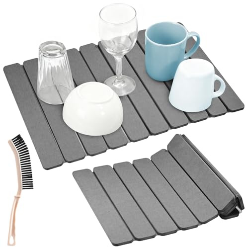 Stone Drying Mat Kitchen - 60 x 39 cm Quick Dry Stone Mat Kitchen, Foldable Diatomite Dish Drying Pad, Space Saving Absorbent, Reusable Draining Board Mats for Dishes Cups Worktop(Dark Gray)