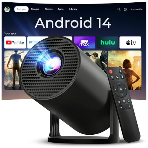 Vidéoprojecteur avec Wi-FI 6 & Bluetooth 5.4, Apps intégrées Supporte 1080P 4K Full HD Mini Video Projecteur, Android 14, Auto Keystone, 2026 Upgraded Projector pour HDMI/iPhone/USB Noir