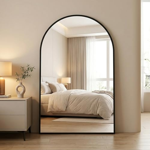 BEAUTYPEAK Bogen Wandspiegel, 120x80cm Aluminiumlegierung Rahmen Badspiegel | Bruchsichere Badezimmer Spiegel, Kann an die Wand Gelehnt oder Aufgehängt Werden, Schwarz Standspiegel für Schlafzimmer, Flur