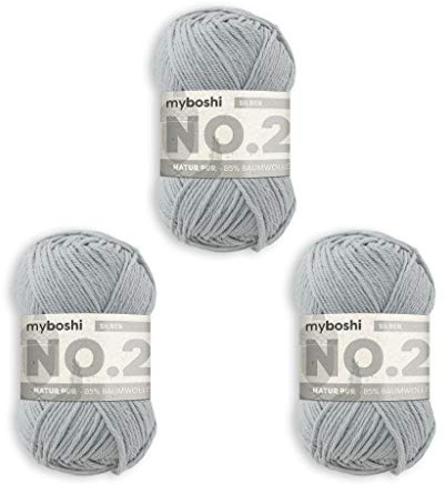 myboshi No.2 Baumwolle zum Häkeln, Baby Wolle, vegane Wolle zum Stricken, 60 Grad waschbar, für Baby und Amigurumi, 50g, Ll 100m Grau (Silber) 3 Knäuel