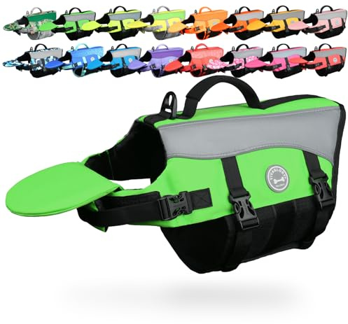 VIVAGLORY Giubbotto Salvagente per Cani con Galleggiante Anteriore Rimovibile, Gilet di Salvataggio per Cani con Rifiniture Riflettenti e Imbottitura Extra per Nuoto e Navigazione, Verde Fluo, M