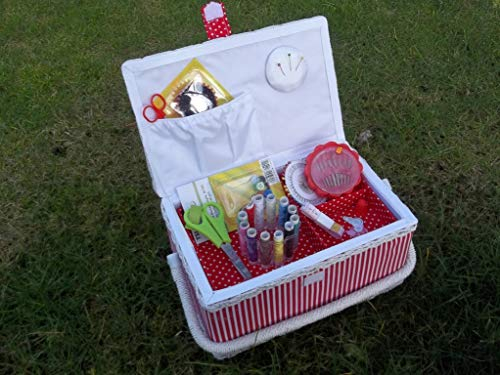 Nähkästchen mit Inhalt, Nähkorb inklusive Nähset, Handarbeitskorb, rot-weiß