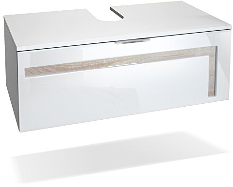 Vladon Waschtisch Waschbecken Unterschrank Aloha V2, Made in Germany, Korpus in Weiß matt/Fronten in Weiß Hochglanz mit Absetzungen in Eiche sägerau