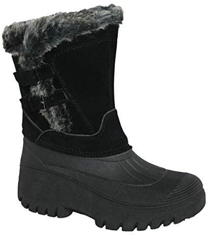 Adults Waterproof Sole Fur Lined Rain Snow Ski Mucker Boots Size 3-8 (UK7, Black LS009)