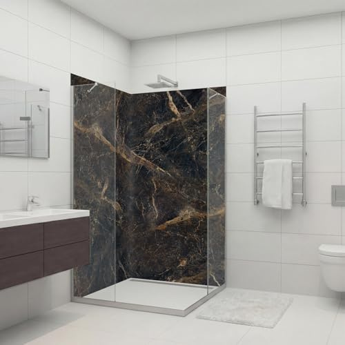 Dedeco 2x Premium Bad Duschrückwand mit Motiv: Marmor V2, 90x200cm, wasserfest, hochwertig fugenlose Wandverkleidung aus 3mm-Alu-Verbundplatte, Fliesenersatz ohne Bohren, Made in Germany