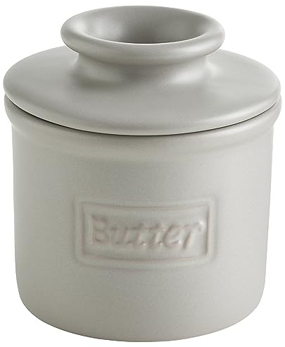 Butter Bell Crock by L. Tremain French Ceramic Butter Keeper, Stone | Café pattern crock in a modern matte glaze. Water seal keeps butter fresh & spreadable—no refrigeration needed.