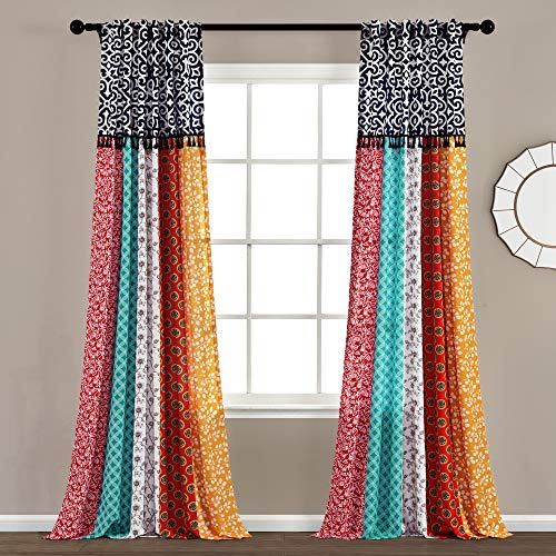 Lush Decor Boho Patch Light Filtering Window Curtain Panels Pair 45 W x 84 L Orange & Navy - Boho Curtains for Living Room - Colorful Bedroom Curtains