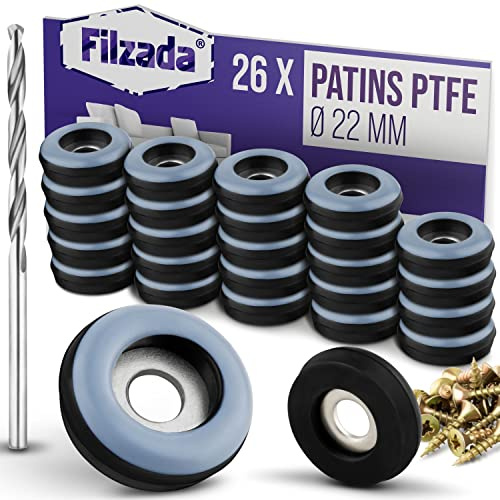 Filzada® 26x Teflonglidare för skruvning - Ø 22 mm (runda) - möbelglidare/mattglidare PTFE (Teflon) inkl skruvar