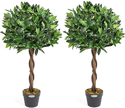 Christow Artificial Bay Tree In Pot, Large 3ft 4ft Tall Indoor Outdoor Garden Topiary Ball, Twisted Wooden Trunk, Realistic Lush Green Leaves, Home Office Restaurant (3ft, 2 pack)
