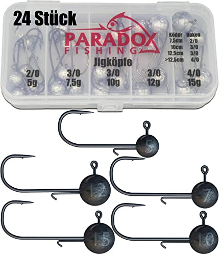 Paradox Fishing Premium Jigköpfe Set (5g/7,5g/10g/12g/15g) 25-teilig je 5/4 Jighaken I Jig Köpfe Gummifisch mit Jighead für Gummifische Zander Angelzubehör