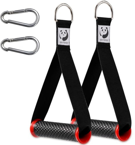 Slim Panda Poignées de Résistance (2 Pièces) | Poignées de Tirage Musculation avec Anneau en D Acier Inoxydable | Accessoire Machine Smith & Bande de Résistance | Mousquetons Noir Chromé