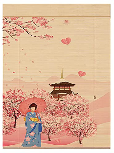 Japanische Bambus Raffrollo, Lichtschutz Bambusrollo mit Volant für Innen, Außen, Veranda, Balkon, Naturfarbe (Druckmuster)