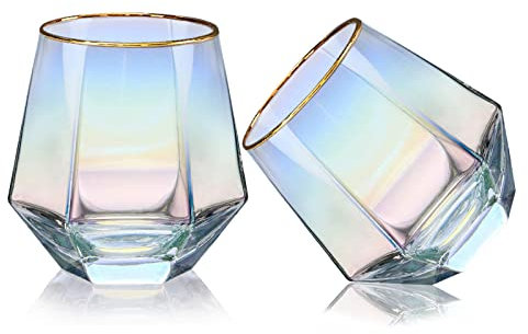 XKXKKE Diamond Wine Glasses Set of 2, 10 OZ Modern Stemless Gold Rim Glass Cups Iridescent Drinking Glassware for Serving Party, Home, Bar, Restaurants, Gift, Rainbow Tumbler, Colorful 2 Pack