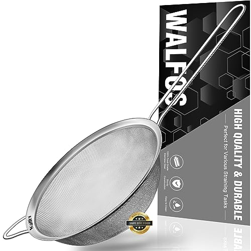 Walfos Feinmaschensiebe, Premium-Edelstahlsiebe und -siebe, mit verstärktem Rahmen und stabilem Griff, perfekt zum Sieben, Abseihen, Abtropfen und Spülen von Gemüse, Pasta und Tee （18cm)