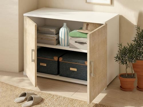 Dmora - Armoire polyvalente Bucaneve, Armoire linéaire avec 2 portes battantes avec étagère, Meuble d'entrée, Étagère à chaussures moderne, 100% Made in Italy, 90x45h66 cm, Chêne et Blanc