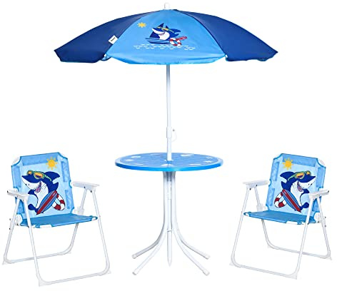 Outsunny Tavolo e Sedie per Bambini da Giardino con Ombrellone Regolabile, Set 4 Pezzi Tavolino con Sedie da Esterno con Disegno a Squalo, Età 3-6 Anni, Blu