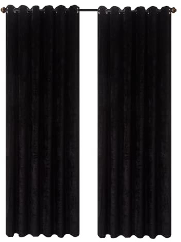 CHARKHAH Crushed Velvet Curtains for Bedroom Living Room Kitchens Ultra Soft and Graceful Fabric Pair of Fully Lined Prepared Blackout Curtain with Eyelet Ring Top (Black, 46 Wide x 54 Drop)
