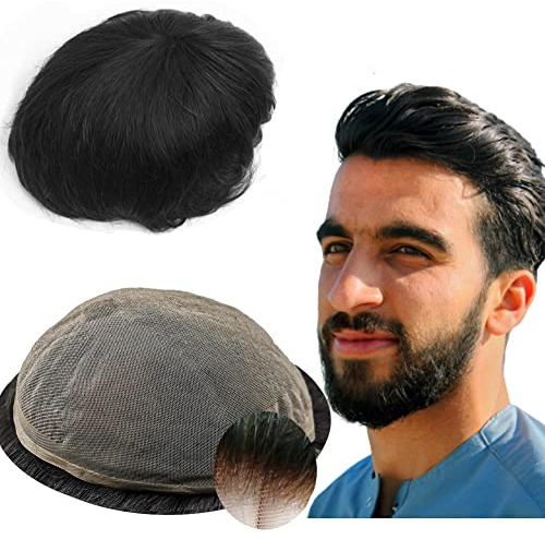 YANAHAIR Toupee for Men - Real Human Hair Replacement System - Fine French Lace Hairpiece - Customizable Hair Units - Natural-Looking Hair Pieces - Hair Prosthesis - #1B Off Black - 8x10