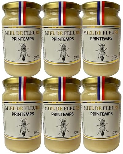 Lot de 6 Pots de Miel de Printemps 500 gr de Haute Qualité Crémeux, Origine France Direct Producteur Apiculteur
