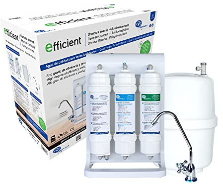 Efficient. Equipo de Osmosis Inversa doméstico de 4 Etapas. Fácil Instalación y cambio de Filtros. Colocación bajo encimera. Incluye Filtros, Membrana y Post Filtro. Bbagua.