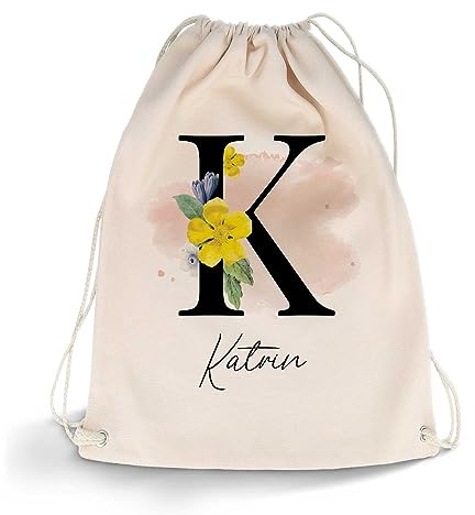 GRAVURZEILE Bedruckter Turnbeutel - Personalisiert mit Initialen & Name - Sportbeutel Rucksack Daypack Gymbag mit Kordelzug - für Schule & Freizeit Sport - für Sie & Ihn - 12 Liter - 33 x 45 cm