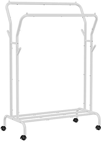 SONGMICS Kleiderständer, Doppelstange Kleiderständer mit Rollen, robuster Metallrahmen, Kleiderständer, 100 kg max. Gesamtbelastung, 40,7 Zoll breit, Kleideraufbewahrung und Display, Weiß UHSR107W01