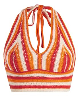 Verdusa Women's Colorblock Striped Crop Halter Top Tie Backless V Neck Going Out Tops Summer Vacation Outfits Orange Red Medium
