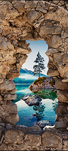 wandmotiv24 Türtapete 3D Naturstein, See, Berge, Baum, Felsen 90 x 200cm (B x H) - Selbstklebende Strukturtapete Sticker für Türen, Türfolie, Aufkleber, M1279