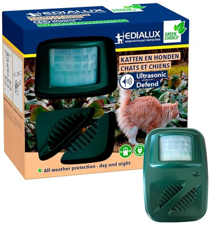 Edialux Répulsif Ultrason pour Chats et Chiens extéRieur, fréquences réglables Contre Animaux, Protection de Jardin résistante aux intempéries avec Couverture 200 m2, Installation Facile