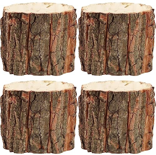 Holz Rustikaler Blumentopf Baumstamm Gartentopf: 4Stücke Holzoptik Kleiner Übertopf Holzstamm Kerzenhalter Mini Pflanztopf Kaktus Sukkulenten Topf Schale Pflanzgefäß Garten Deko