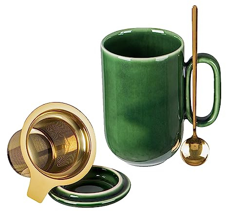 vicrays Tasse à thé en céramique avec infuseur Grande 473 ml Tasse à thé pour infusion de feuilles en vrac avec poignée pour infusion en feuilles et couvercle - Bleu Tasse haute émaillée avec filtre à