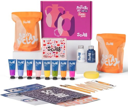 Sculpd Pottery Kit for Adults, Air Dry Clay with Tools, Floral Tones | The original couples date night arts & crafts set with paints, brushes and tools, for adults