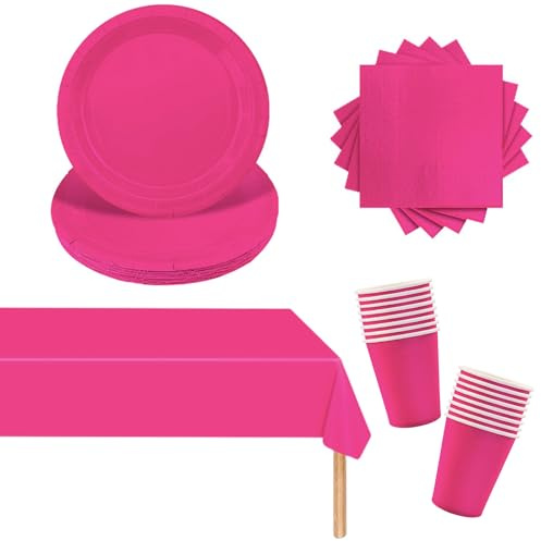 POPOYU 53 Pezzi Stoviglie per Feste di Compleanno Rosa Rossa, Piatti e Tovaglioli di Carta, Bicchiere, Tovaglia per Compleanni, Matrimoni, Decorazioni Natalizie