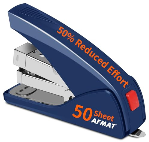 AFMAT Effortless Stapler for Desk, 50 Sheet Capacity, Low Force, Built-in Staple Remover, One Finger Touch Stapling Desktop Stapler, Portable & Space Save Size, Good for Home & Office ES10(Blue)