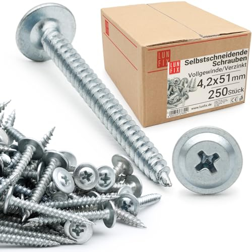 LUN FIX selbstschneidende schrauben 4,2 x 50 mm 250 Stk verzinkter Stahl | blechschrauben mit Tellerkopf und Kreuzschlitz Kunststoff und metallplatte sicherer Halt für Blech Holz