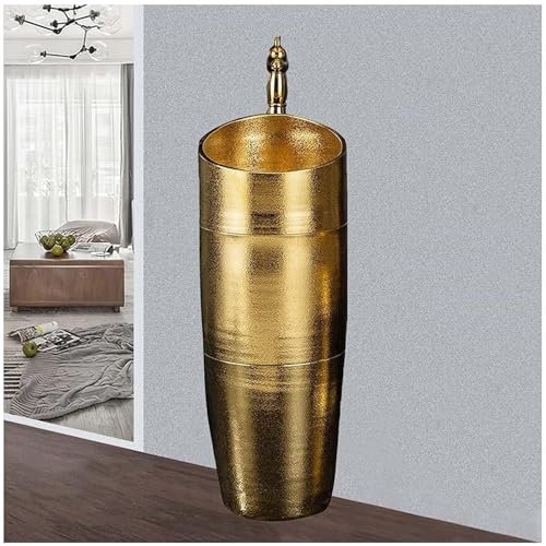 ZTGL Standwaschbecken Im Modernen Stil, Handgeschnitzte Keramik Säulen Waschbecken, Badezimmer Waschtisch Freistehendes, Luxuriöses Gold,C,Sink Only