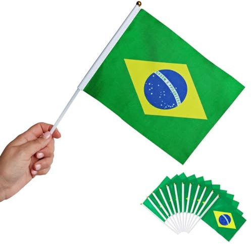 Runesol Paquet de 12 drapeaux à main Brésil, 14 cm x 21 cm, Drapeaux à baguette, Anniversaire Sao Paulo, Mini-drapeaux des Pays, Décoration de Fête