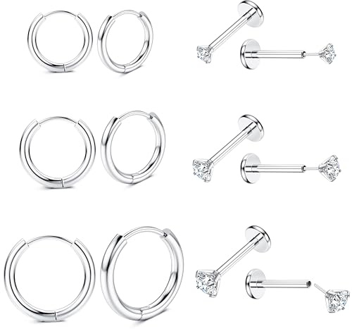 JeweBella 6 Paia 20G Orecchini Cerchio in Acciaio Chirurgico - Piercing Trago, Labret, Labbro, Naso, Helix, Medusa per Donna - Push In - Argento Oro