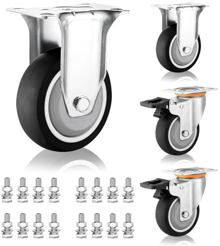 Schwerlastrollen Plattformwagen Ersatzrollen 75mm 100mm 125mm 4 Stück, Leise Thermoplastischer Gummi Möbelrollen, Platten Lenkrollen Mit Bremse, Tragfähigkeit 83KG Pro Rolle(Fixed+Brake,100mm/4)