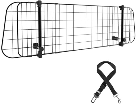 Izrielar Hundgaller för bil, bilskyddsgaller, universellt bilskyddsgaller, justerbar bredd med säkerhetsbälte för hundar, mått 30 x 90–145 cm