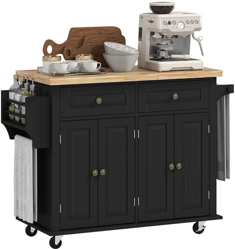 HOMCOM Isla de Cocina con Ruedas 2 Cajones 4 Puertas 111x44,5x82,5cm Negro