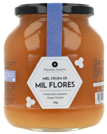 PLANETA HUERTO | Miel Crue de Mille Fleurs 1 Kg 100% Naturelle et Artisanale Non Filtrée ni Pasteurisée - Miel Crue Origine Espagne avec Pollinisation Sauvage de Fabacées, Ronce, Crucifères et Labiées