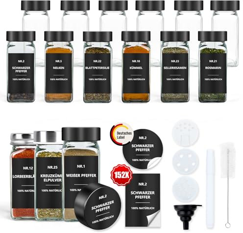 Lot de 12 pots à épices carrés avec étiquettes - Petites boîtes à épices en verre de 120 ml avec insert à saupoudrer - Étiquettes imperméables - Rangement des épices pour le tiroir de cuisine -