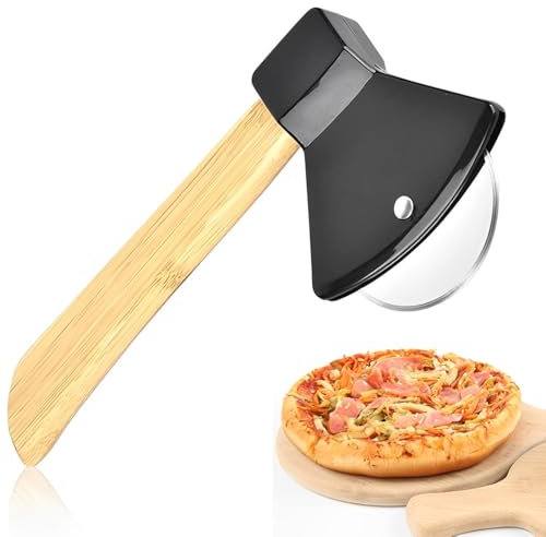 BQRKOTM Pizzaschneider Edelstahl Lustige Pizzaroller Manueller Pizzamesser in Axtform Pizza Schneidemesser mit Holzgriff Pizza Cutter zum Schneiden von Pizza Waffeln Pfannkuchen Schwarz