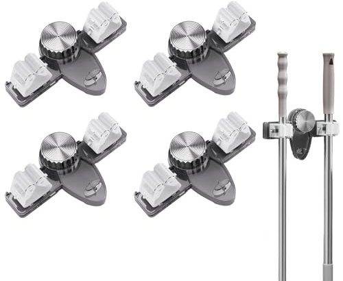 Besenhalterung Wand Saugnapf, 2 Stück Gartengerätehalter Ohne Bohre, Gerätehalter Zum Aufhängen von 2 Wischmopps, Mopphalter mit Haken, Werkzeug Wandhalterung für Wischmopp, Besen, Schaufel (Grau*4)