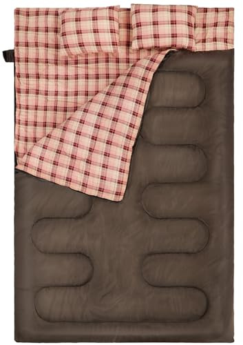 REDCAMP Double Sleeping Bag for Adults with 2 Pillows, 2 Person Cold Weather & Warm Queen Size Flannel Sleeping Bags for Camping Hiking Backpacking, Brown