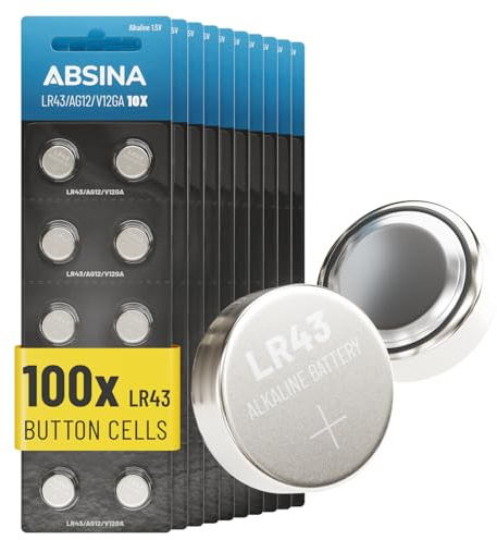 ABSINA AG12 LR43 batterier knappceller - 1, 5V alkalisk läckagesäker | 100-pack - med lång hållbarhet - LR 43/186 / LR1142 / L1142 / V12GA / GPA76 / RW84